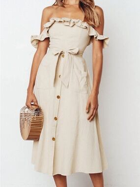 Cupshe Cream Off-Shoulder Ruffle Midi Dress